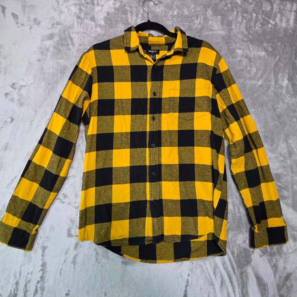 Forever 21 Men Yellow Black Buffalo Plaid Flannel Button Down Shirt Small 1107